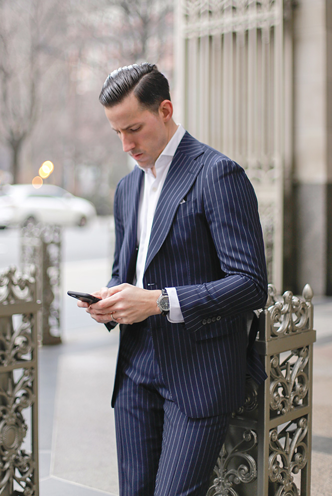 navy pinstripe suit outfit 2020