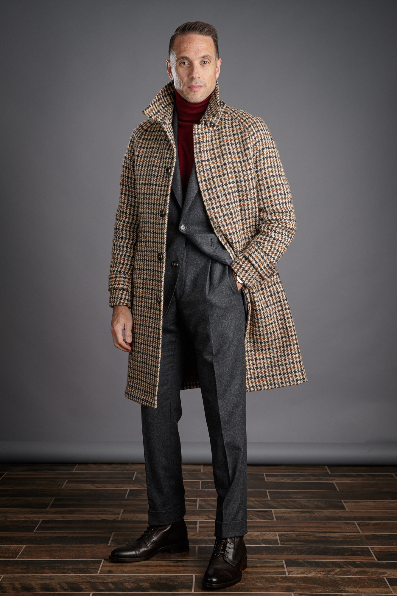 Brown Houndstooth Balmacaan Coat - He Spoke Style