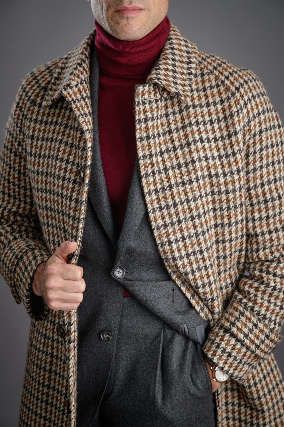 Bespoke Brown Houndstooth Balmacaan Coat | He Spoke Style