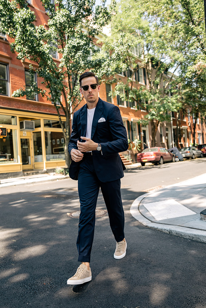 suit with shirt and sneakers