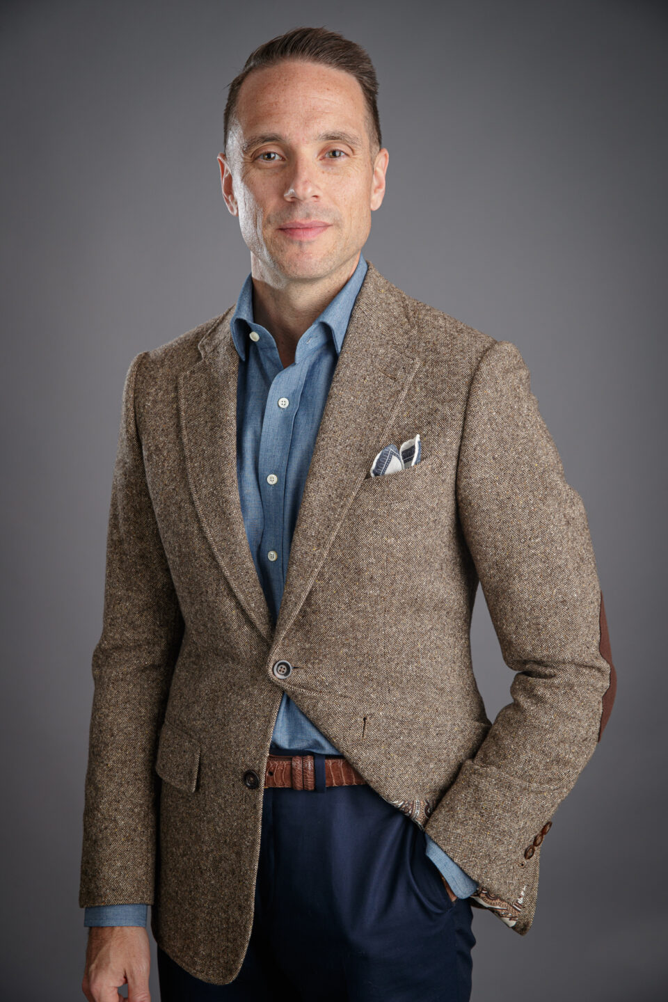 Brown Tweed Sport Coat Outfit Idea With Navy Pants & OCBD
