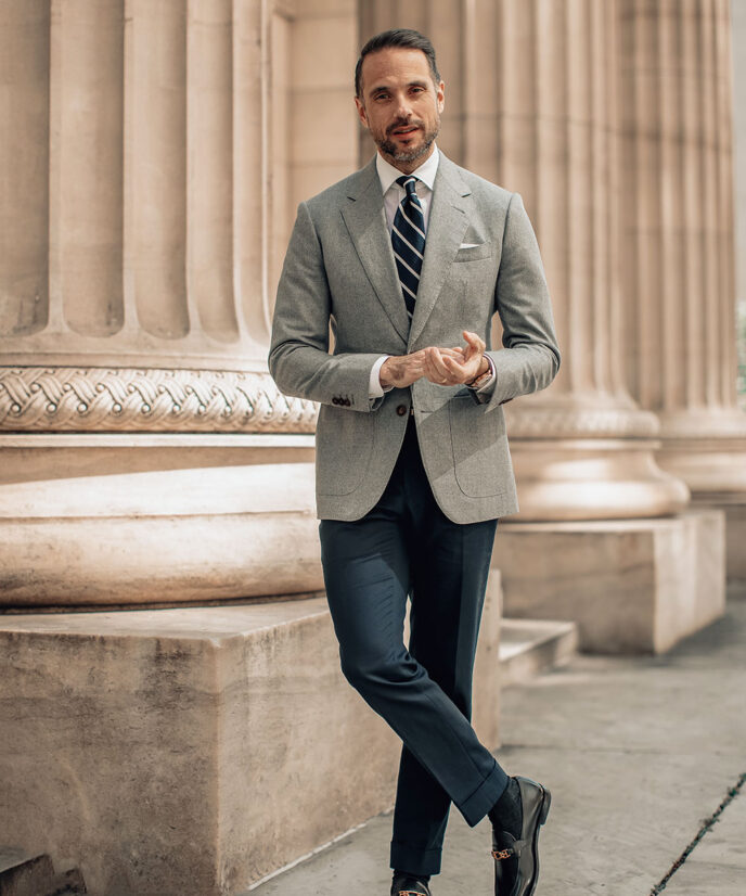 navy chinos with blazer outfit idea striped tie loafers business casual fall 2020 he spoke style michael andrews bespoke