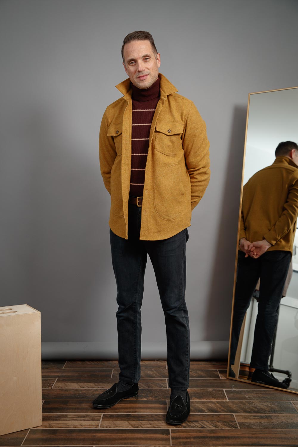 Winter-style-ideas-for-men-2021-burgundy-turtleneck-mens-shacket-black-jeans-belgian-shoes-nyc