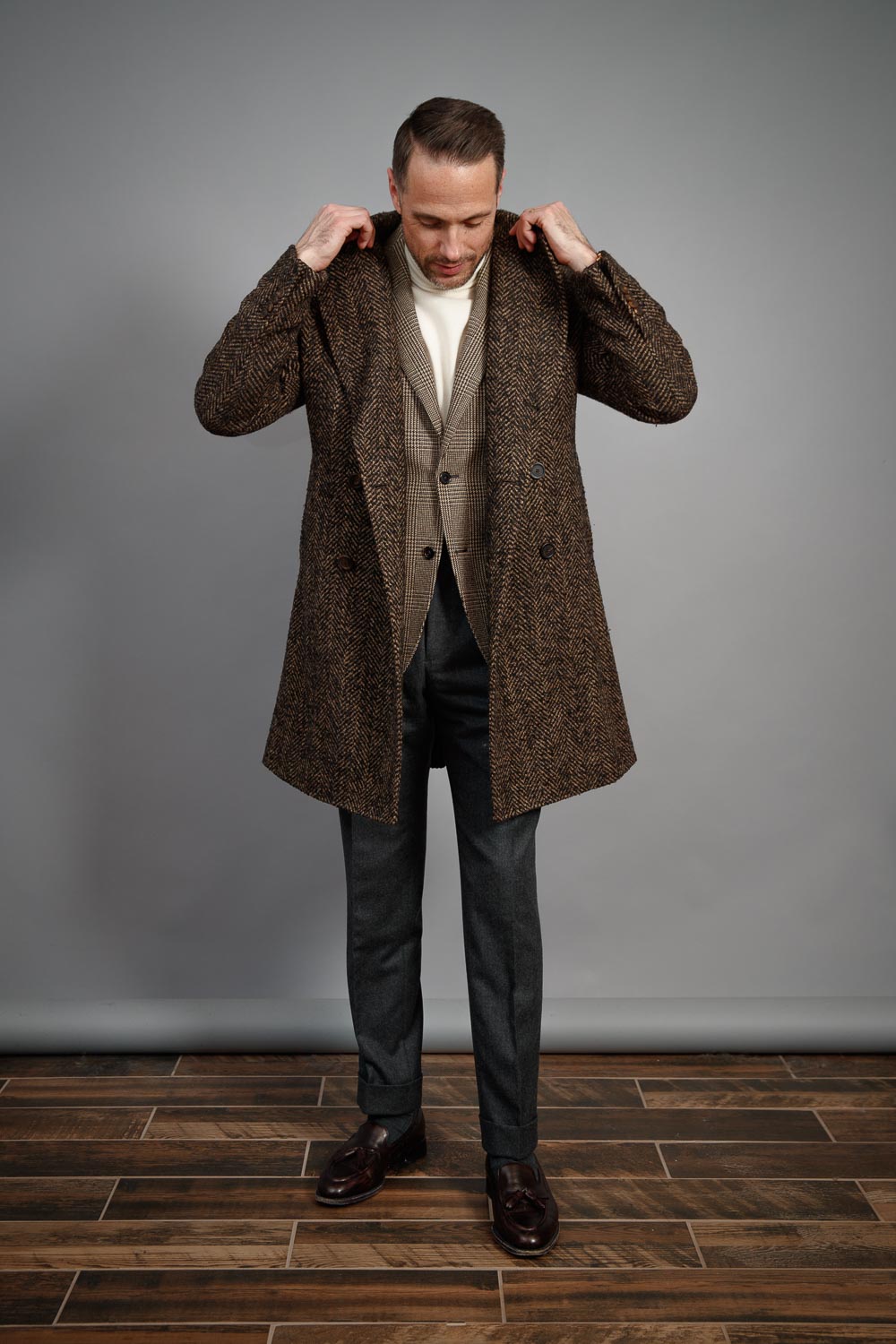 best-flannel-suit-ideas-for-men-turtleneck-and-overcoat-suede-tassel-loafers
