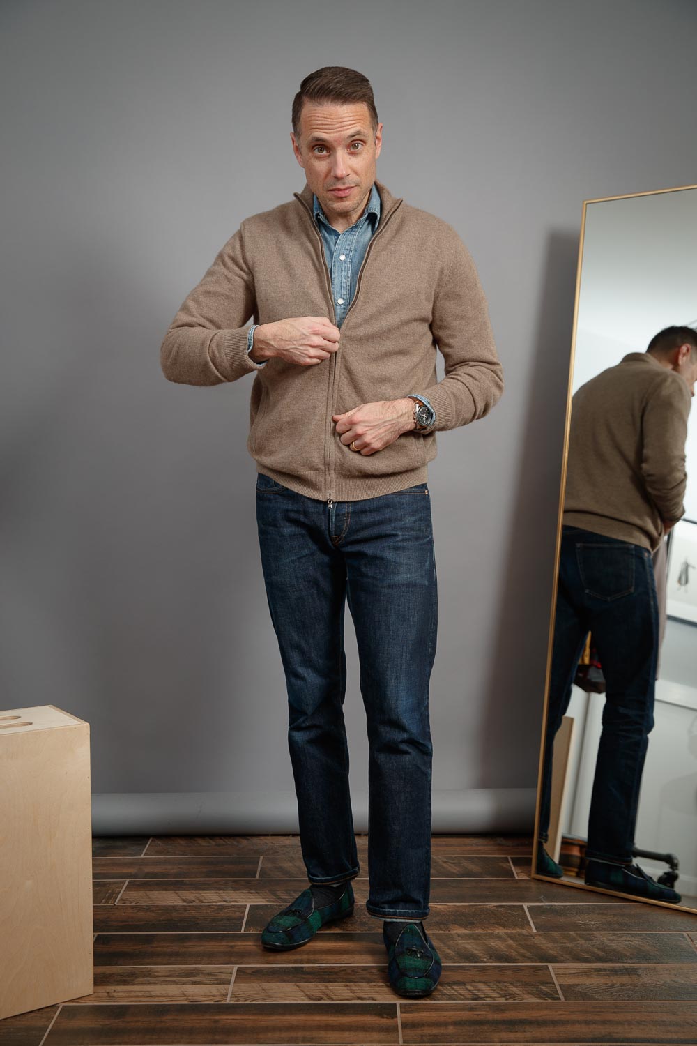 raw-denim-tan-cashmere-sweater-blackwatch-plaid-belgian-shoes-omega-speedmaster-casual-winter-outfit-for-men