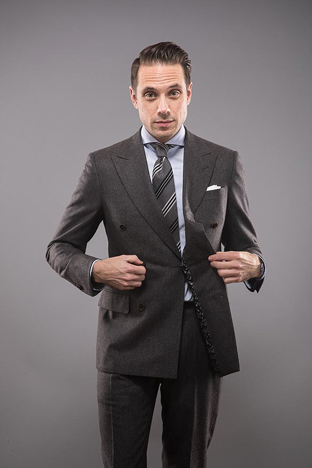 charcoal-grey-double-breasted-flannel-suit-striped-tie-blue-shirt-classic-floral-mens-suit-jacket-lining