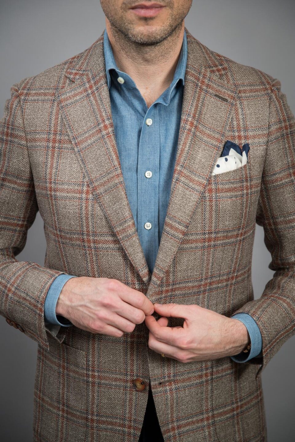 Model Wearing Brown Plaid Loro Piana Sport Coat – Polished & Contemporary Look