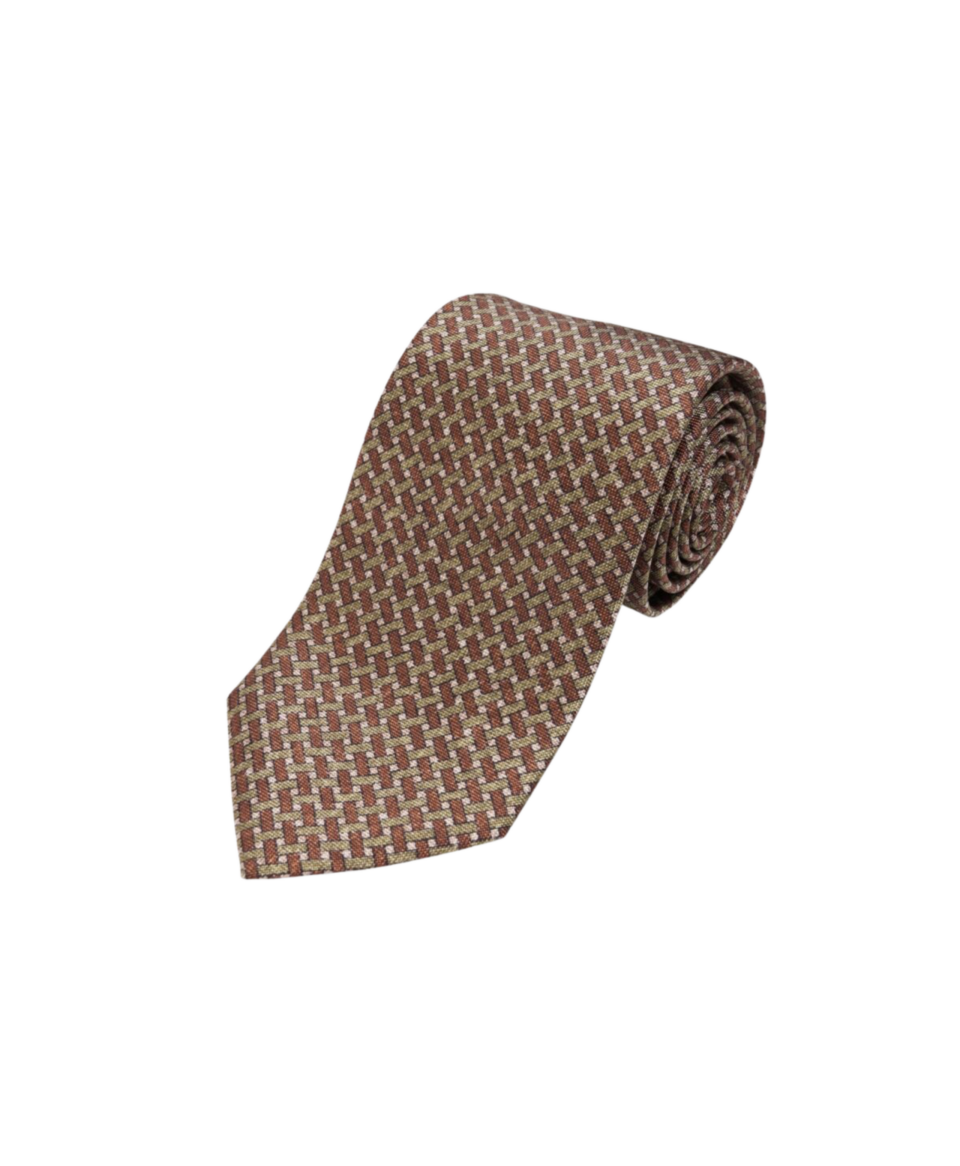 Green, Brown and Tan Geometric Silk Necktie