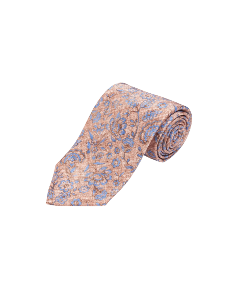 Tan with Blue Floral Silk Necktie