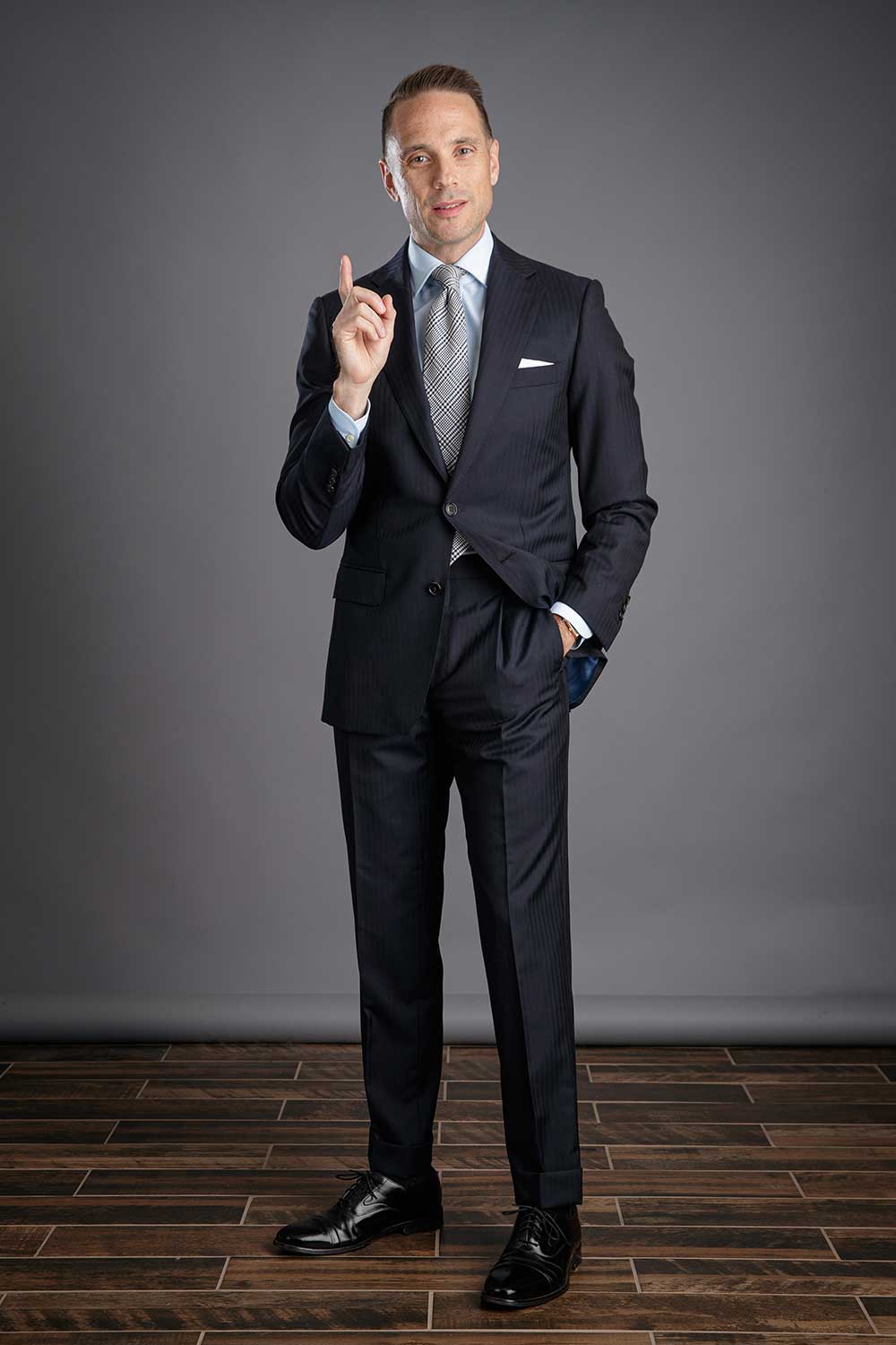 navy blue suit with black shoes