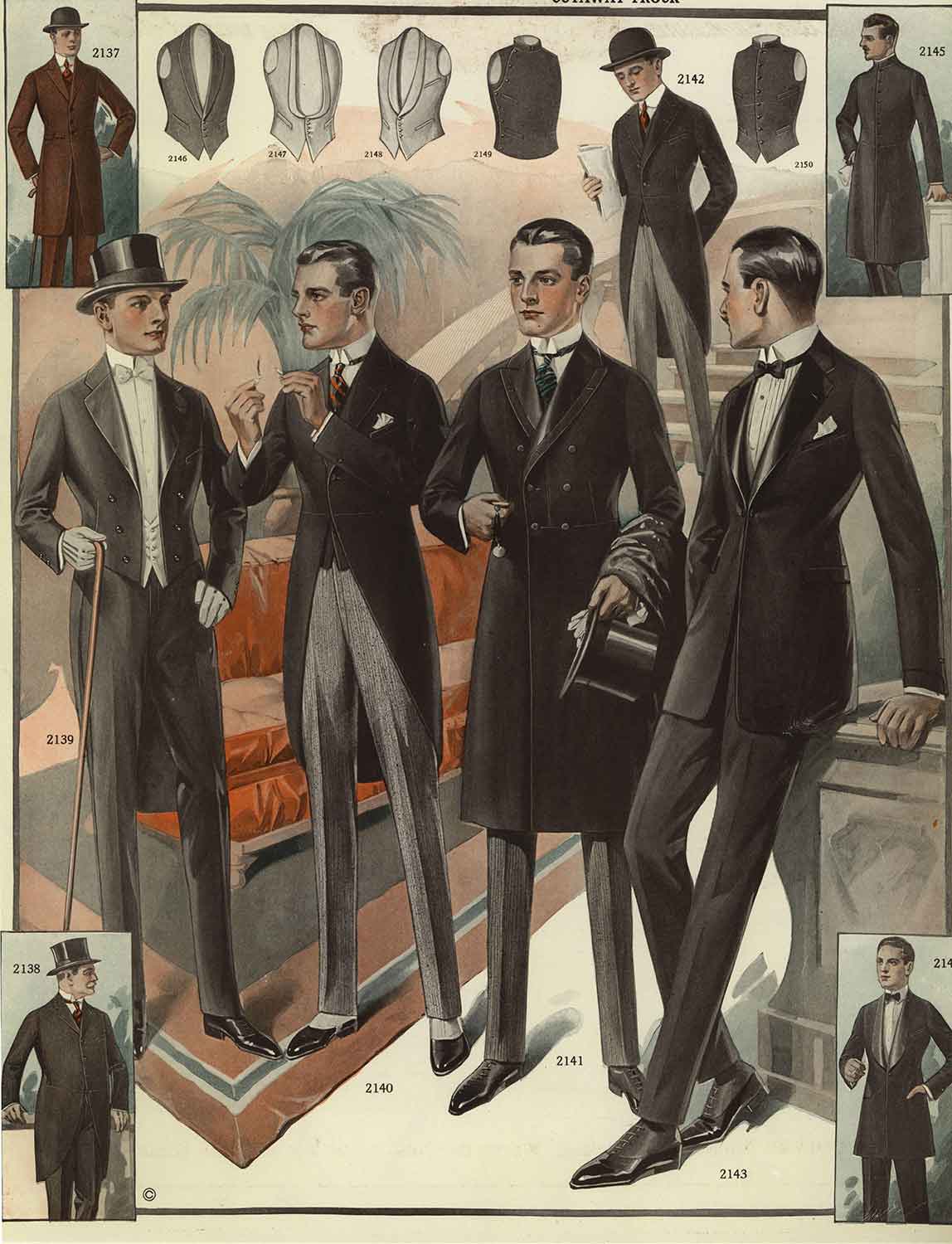 Men in the 1920s wearing morning dress, black tie, and top hats