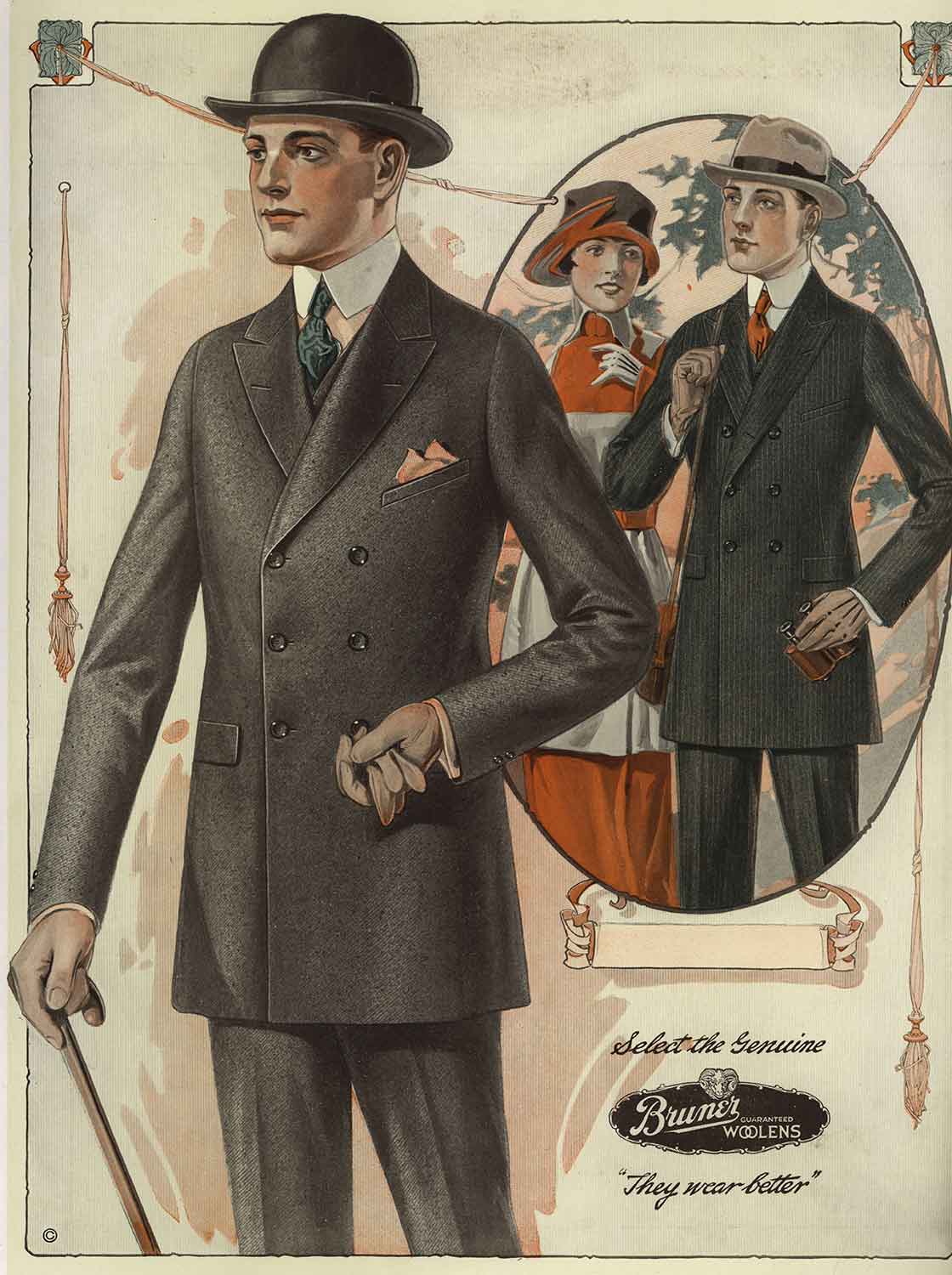 A man wears formal outerwear and a bowler hat in the 1920s