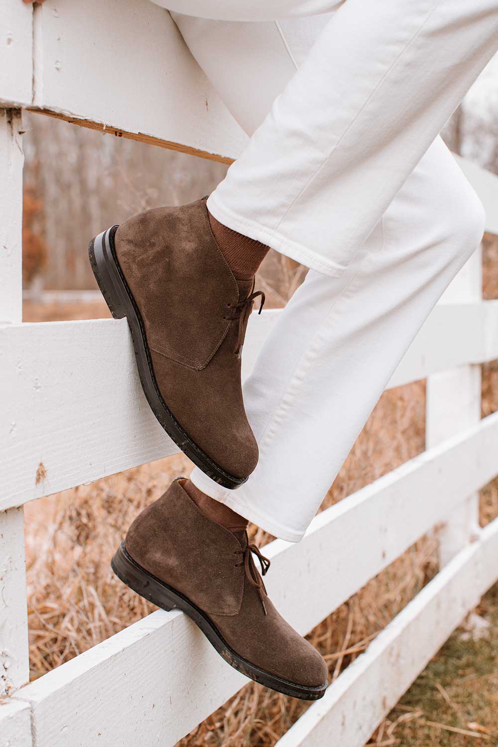 Church's Ryder III brown suede chukka styled with white jeans