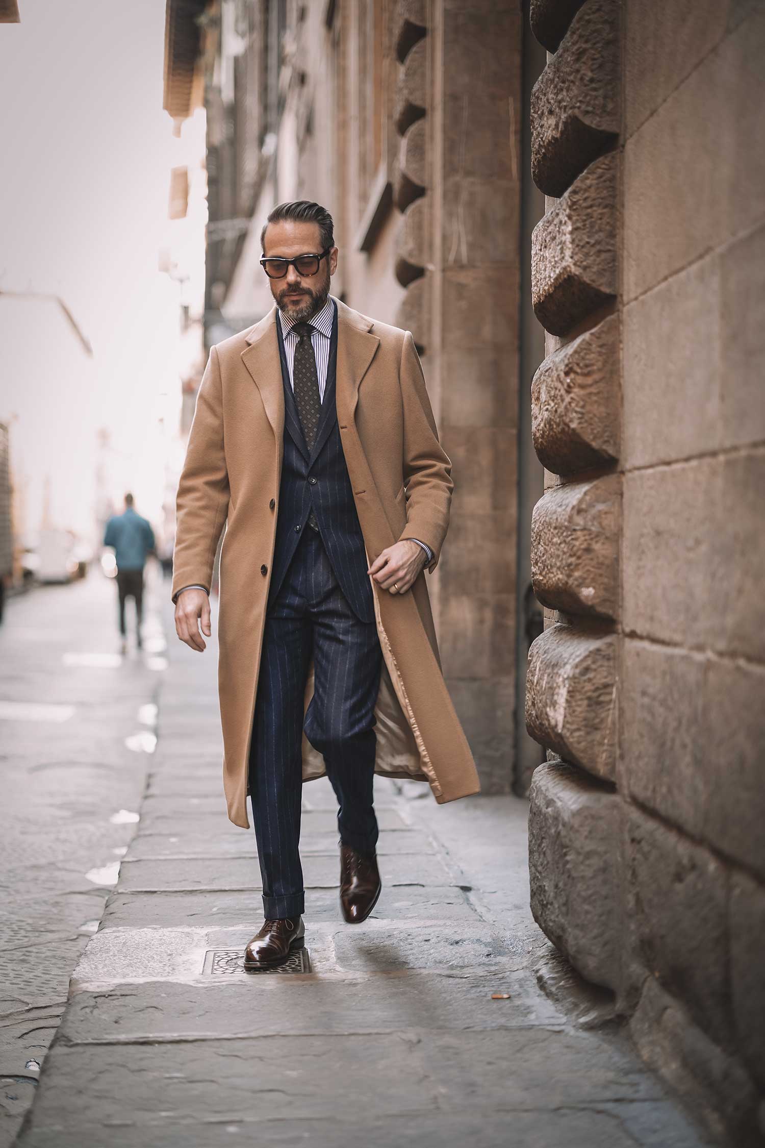 a camel overcoat winter outfit idea