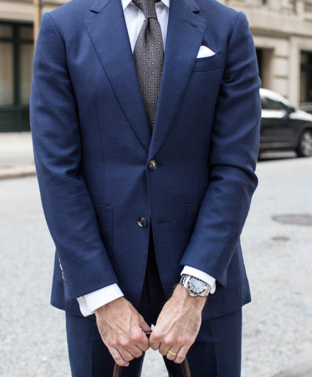 Navy Blue Hopsack Suit with Brown Medallion Tie | He Spoke Style