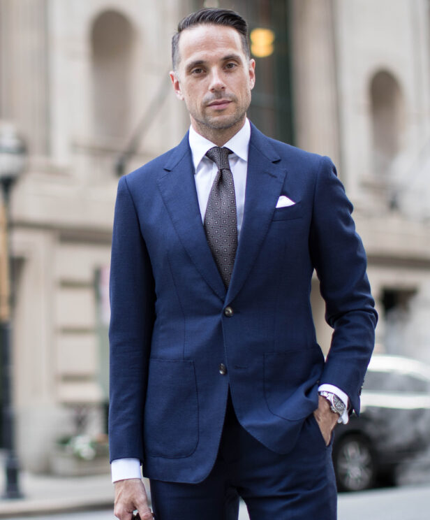 Navy Blue Hopsack Suit with Brown Medallion Tie | He Spoke Style