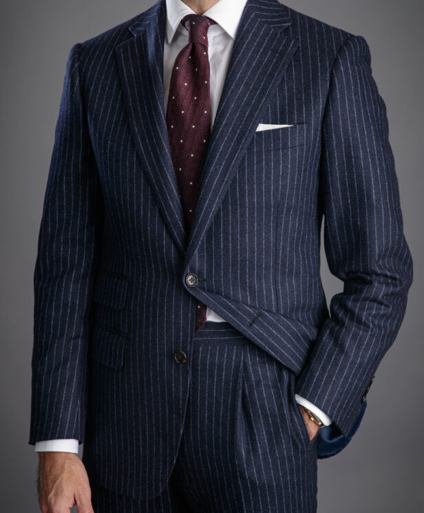 Navy Chalk Stripe Flannel Suit with Burgundy Dot Tie | He Spoke Style