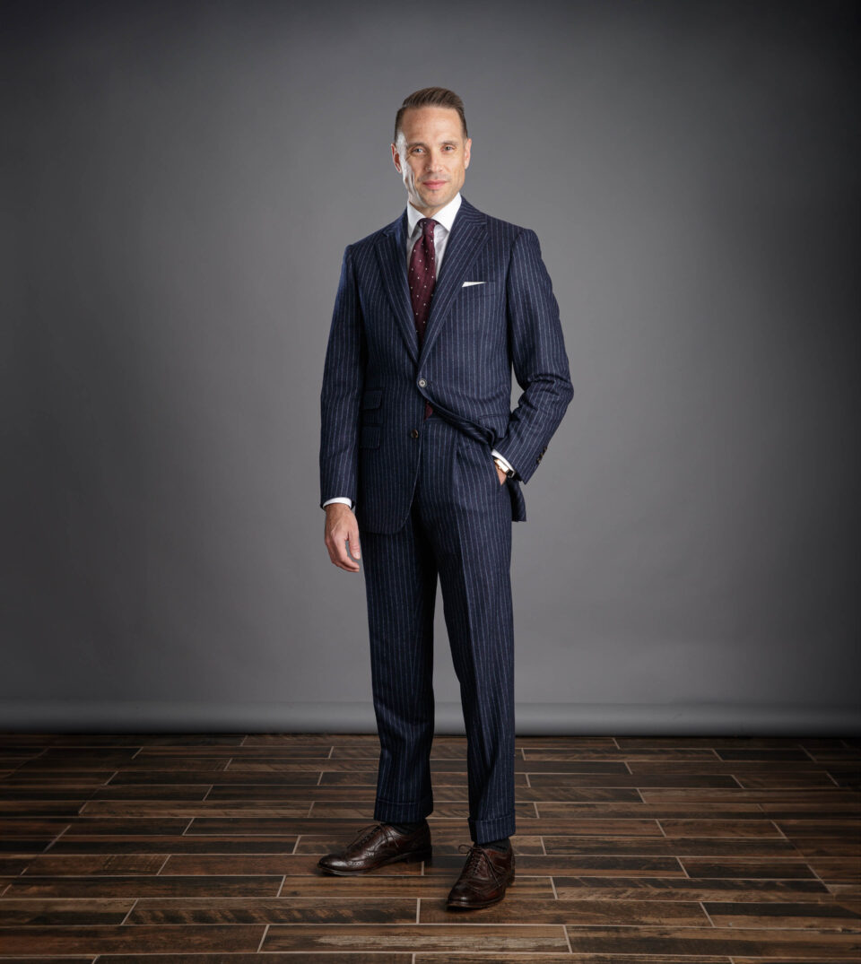 Mid Navy Blue Flannel Narrow Chalk Stripe Suit | He Spoke Style