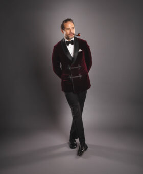 Full View of Custom-Tailored Bespoke Burgundy Velvet Smoking Jacket