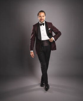 Model Wearing Burgundy Dinner Jacket – Polished & Confident Look