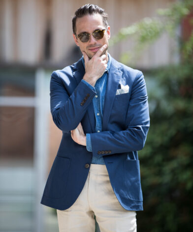 Navy Blazer with Denim Shirt and Cream Linen Pants | He Spoke Style