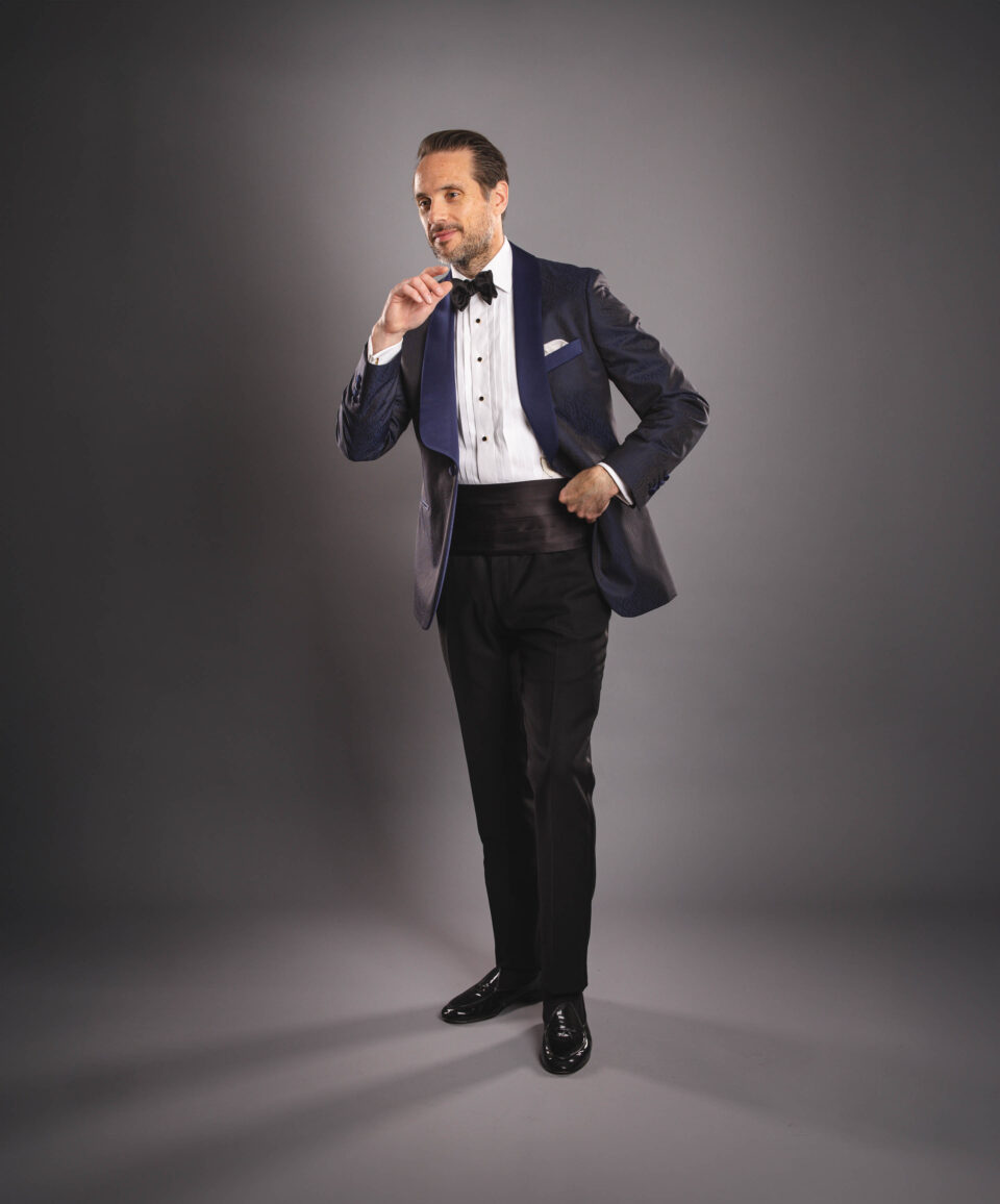 Model Wearing Blue and Black Jacquard Dinner Jacket – Modern & Polished Look