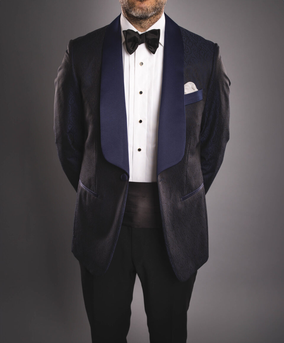 Made-to-Measure Blue and Black Jacquard Dinner Jacket with Shawl Collar – Sophisticated & Unique