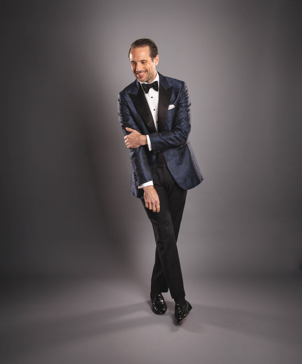 Model Wearing Navy Jacquard Dinner Jacket – Classic & Contemporary Black-Tie Look