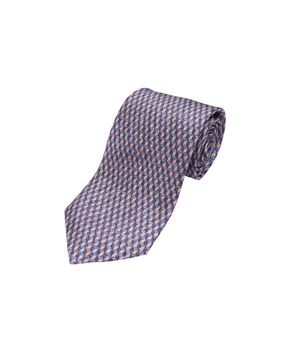 Purple, blue and ivory geometric silk necktie, rolled flat lay