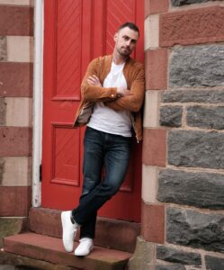 Tan Suede Bomber Jacket with White T-Shirt and Jeans | He Spoke Style