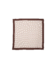 Ivory silk pocket square with brown and tan geometric medallion print and brown border, flat lay