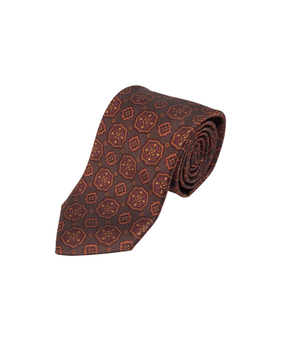 Brown With Maroon And Gold Medallion Silk Necktie | He Spoke Style