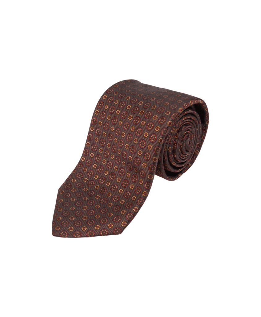 Brown With Maroon And Gold Small Medallion Silk Necktie | He Spoke Style