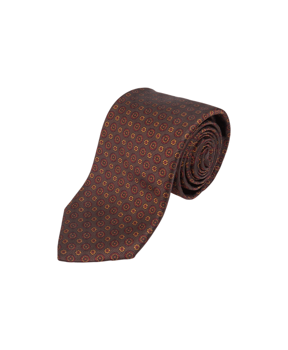 Brown With Maroon And Gold Small Medallion Silk Necktie | He Spoke Style