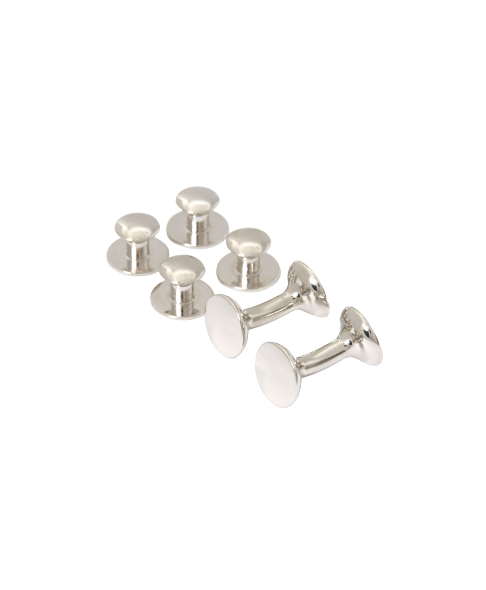 Round White Rhodium Tuxedo Stud Cufflink Set Formalwear