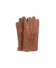 Tan shearling-lined leather gloves with handsewn points and snap tab cuff, flat lay pair