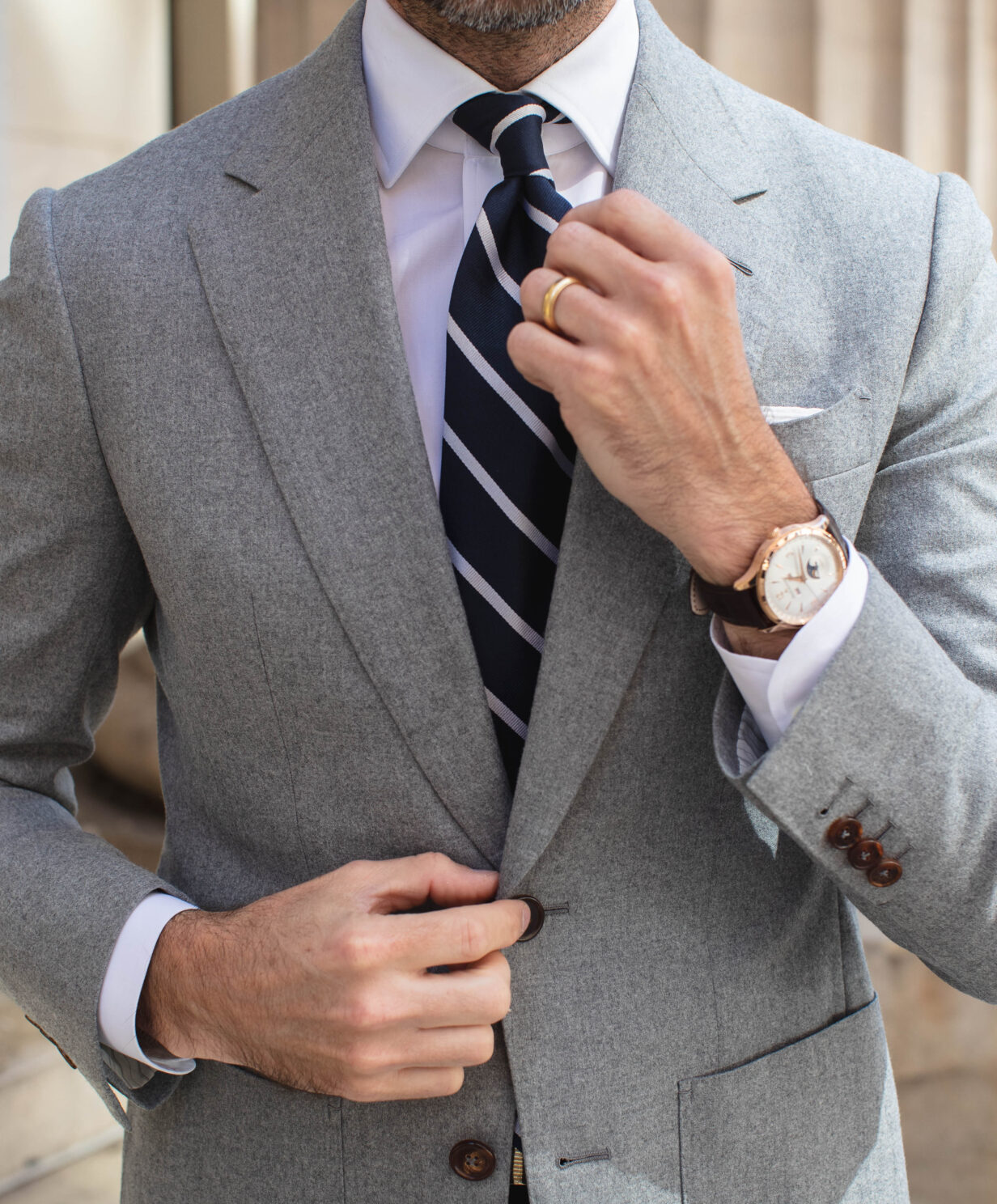 Light Gray Flannel Sport Coat with Navy Chinos and Tie