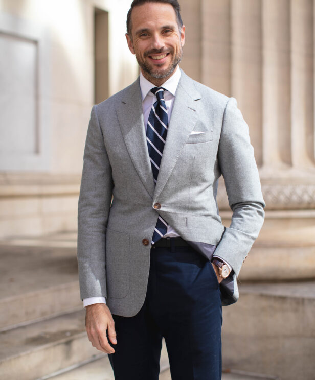 Light Gray Flannel Sport Coat with Navy Chinos and Tie | He Spoke Style