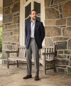 Navy Flannel Sport Coat with Gray Pants and Suede Loafers
