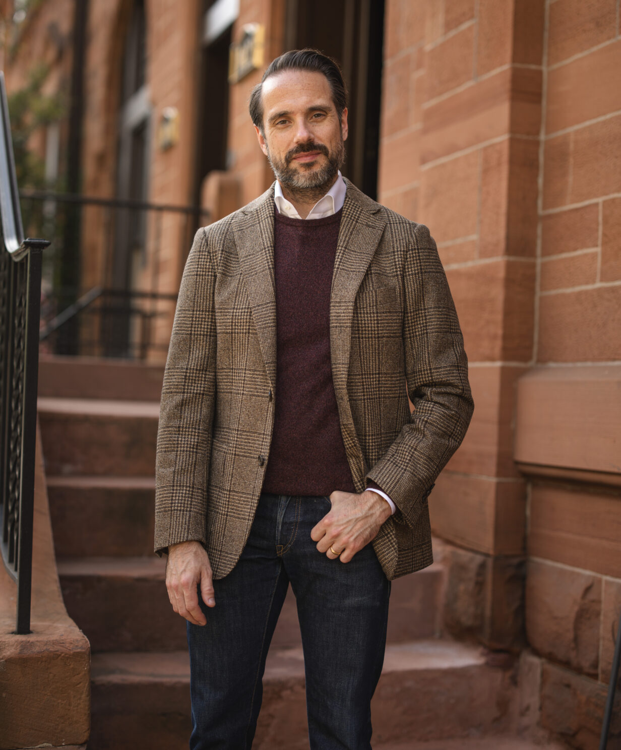 Brown Plaid Sport Coat with Burgundy Sweater and Jeans | He Spoke Style