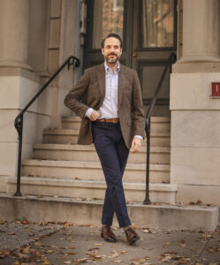 Brown Tweed Sport Coat Outfit Idea With Navy Pants & OCBD | He Spoke Style