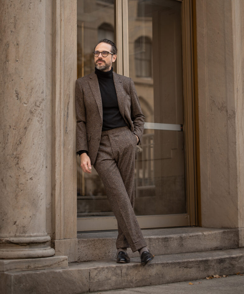 Brown Tweed Suit Outfit Idea With Black Turtleneck | He Spoke Style