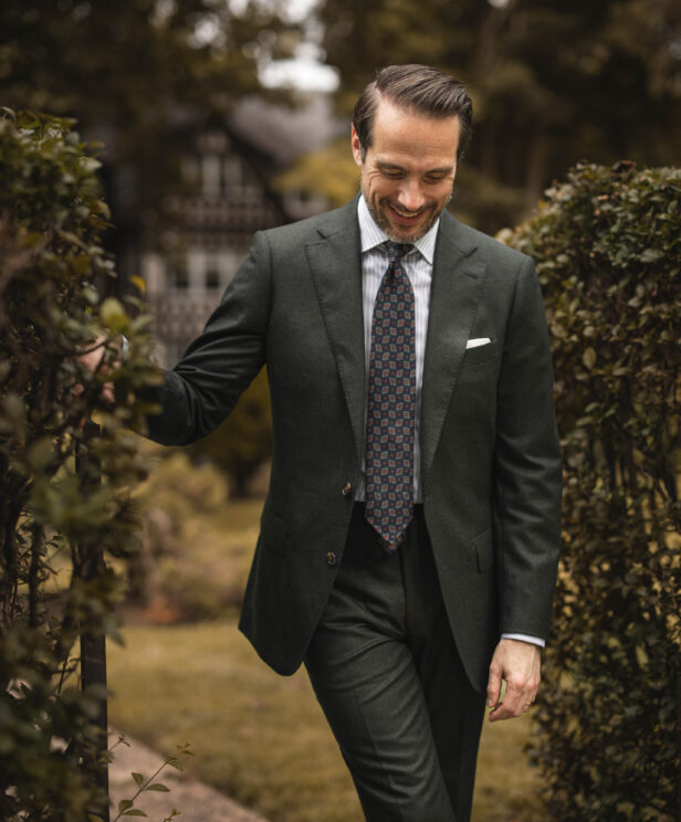 Forest Green Flannel Suit with Striped Shirt and Tie | He Spoke Style