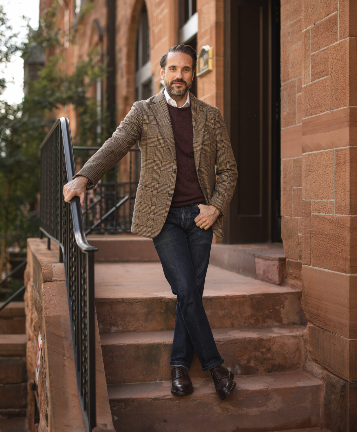 Brown Plaid Sport Coat with Burgundy Sweater and Jeans | He Spoke Style