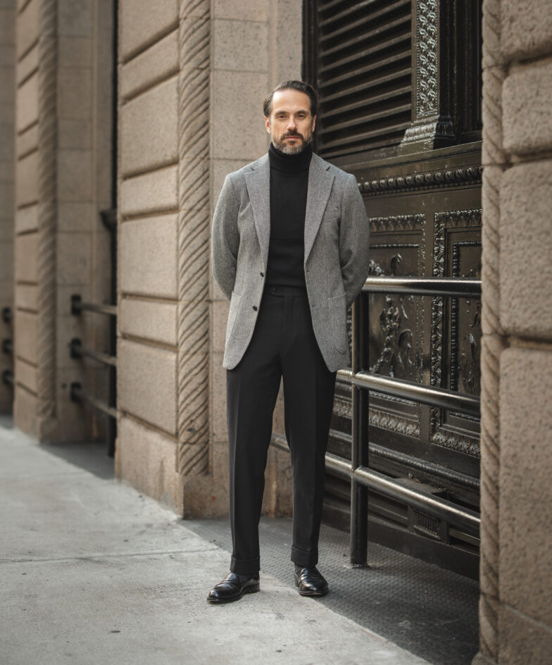 Gray Tweed Sport Coat With Black Turtleneck and Pants | He Spoke Style