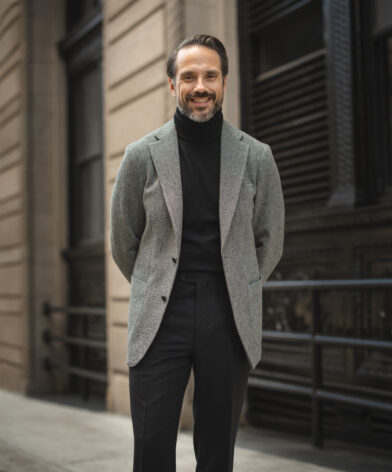 Gray Tweed Sport Coat With Black Turtleneck and Pants | He Spoke Style