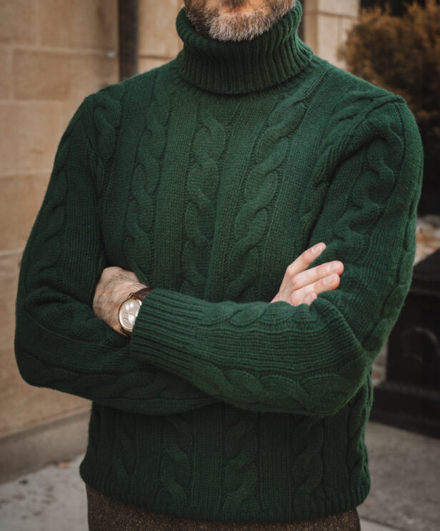 Cable Knit Turtleneck With Tweed Pants Outfit Idea He Spoke Style