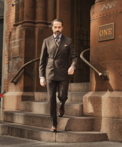 Brown Double-Breasted Suit With Striped Shirt & Tie | He Spoke Style