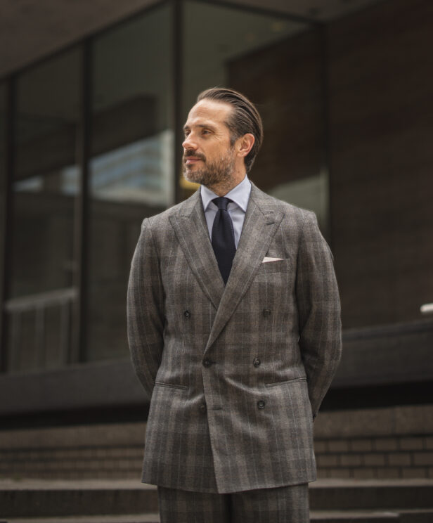 Gray Plaid Double-Breasted Suit With Blue Shirt and Tie | He Spoke Style