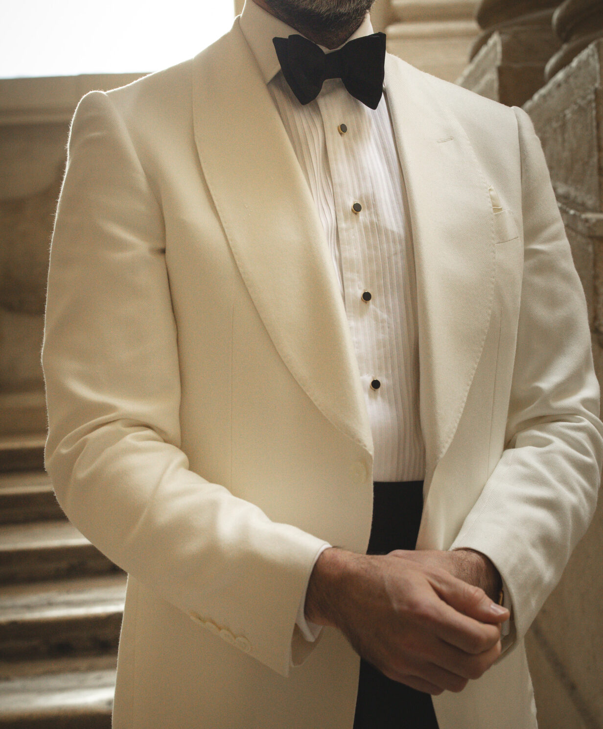 Off-White Dinner Jacket With Bow Tie Formal Outfit Idea | He Spoke Style